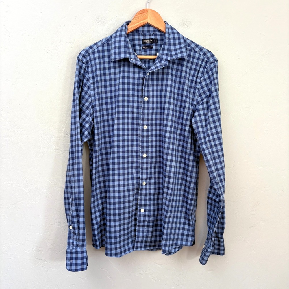 Faherty Movement Shirt Men Size Large Blue Gingham Button Down Long Sleeve